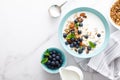 Blueberry and almond granola with greek yogurt, cottage cheese and fresh berries Royalty Free Stock Photo