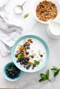 Blueberry and almond granola with greek yogurt, cottage cheese and fresh berries, top view Royalty Free Stock Photo