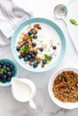 Blueberry and almond granola with greek yogurt, cottage cheese and fresh berries Royalty Free Stock Photo