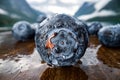 Blueberry antioxidants on a wooden table on a background of Norwegian nature