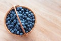 Blueberry in basket on wooden table background. Ripe and juicy fresh picked blueberries closeup, top view Royalty Free Stock Photo