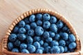 Blueberry in basket on wooden table background. Ripe and juicy fresh picked blueberries closeup, top view Royalty Free Stock Photo