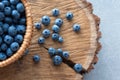 Blueberry in basket on wooden table background. Ripe and juicy fresh picked blueberries closeup, top view Royalty Free Stock Photo