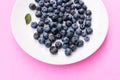 Blueberry berries close-up. Fresh blueberries on a soft pink background in plate