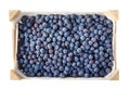 Blueberry berries fresh harvest in the wooden box. Juicy