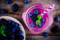 Blueberry and blackberry smoothie in mason jar view from above Royalty Free Stock Photo