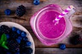 Blueberry and blackberry smoothie in mason jar view from above Royalty Free Stock Photo