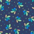 Blueberry branches and dots on dark blue background scattered vintage seamless pattern