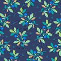 Blueberry branches and dots on navy blue background vintage seamless pattern