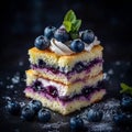 Blueberry Cake with Cream and Fresh Blueberries, Stacked in Square Layers