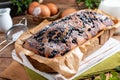 Blueberry cake with fresh berries on rustic wooden table Royalty Free Stock Photo