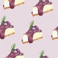 Blueberry cheese cake, hand draw watercolor style. seamless pattern vector