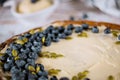Blueberry cheesecake with pumpkin seeds. Closeup Royalty Free Stock Photo