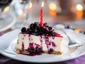blueberry cheesecake slice with birthday candle on elegant table setting with soft lighting Royalty Free Stock Photo