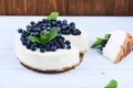 Blueberry cheesecake on a white wooden background