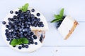 Blueberry cheesecake on a white wooden background