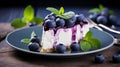 Blueberry cheesecake on wooden plate with blueberries. Generative AI