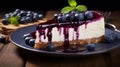 Blueberry cheesecake on wooden plate with blueberries. Generative AI