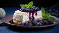 Blueberry cheesecake on wooden plate with blueberries. Generative AI