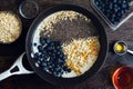 Blueberry Chia Oatmeal in a Saucepan Viewed from Above Royalty Free Stock Photo