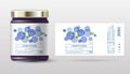 Blueberry confiture. Sweet jam. Transparent berry fruits. Label and packaging simple design.