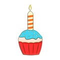 Blueberry cupcake with candle. Cartoon. Vector illustration Royalty Free Stock Photo