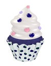 Blueberry cupcake with cream topping and hearts.