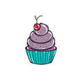 A blueberry cupcake with a small cherry
