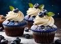 Blueberry cupcakes with whipped cream and fresh berries. sweet food and desserts