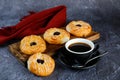 Blueberry Custard Danish served on wooden board with cup of black coffee isolated on napkin side view of french breakfast baked Royalty Free Stock Photo