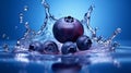 Blueberry dropped on the blue water surface with blueberry slice and water splash. Royalty Free Stock Photo