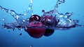 Blueberry dropped on the blue water surface with blueberry slice and water splash. Royalty Free Stock Photo