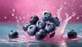 Blueberry fall in water, pink background. Fuits splash.