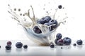 Blueberry Falling Into Yogurt On White Background. Generative AI