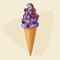 Blueberry flavored ice cream in a waffle cone