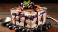 Blueberry fruits tiramisu dessert close-up view