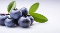 Blueberry with green leafs on white background. Blueberries food texture photography. Horizontal format, for advertising. Photo AI