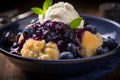 Blueberry Grunt, a classic Canadian dessert featuring stewed blueberries topped with sweet dumplings