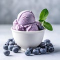 Blueberry ice cream in a bowl with fresh blueberries and mint.