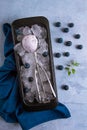 Blueberry ice cream, container with a spoon, on a gray table, fresh blueberries, Royalty Free Stock Photo