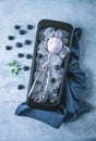 Blueberry ice cream, container with a spoon, on a gray table, fresh blueberries, Royalty Free Stock Photo