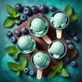 Blueberry ice cream decorated with fresh blueberries and mint leaves