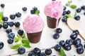 blueberry ice cream or frozen yogurt and sprig of mint, with fresh berries