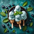 Blueberry ice cream on a stick with fresh blueberries