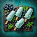 Blueberry ice cream on a stickwith fresh blueberries and mint leaves