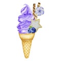 Blueberry ice-cream in waffle cone decorated with chocolate waffles, berries, cookies and candies. Fruit Ice Cream