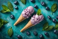 Blueberry ice cream in a waffle cone decorated with fresh blueberries