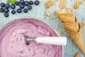 Blueberry ice cream on wooden background Royalty Free Stock Photo