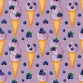 Blueberry icecream in a cone with berries seamless pattern on purple background.