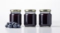 Blueberry jam and plump blueberries fruit Jars on white background with Generative AI